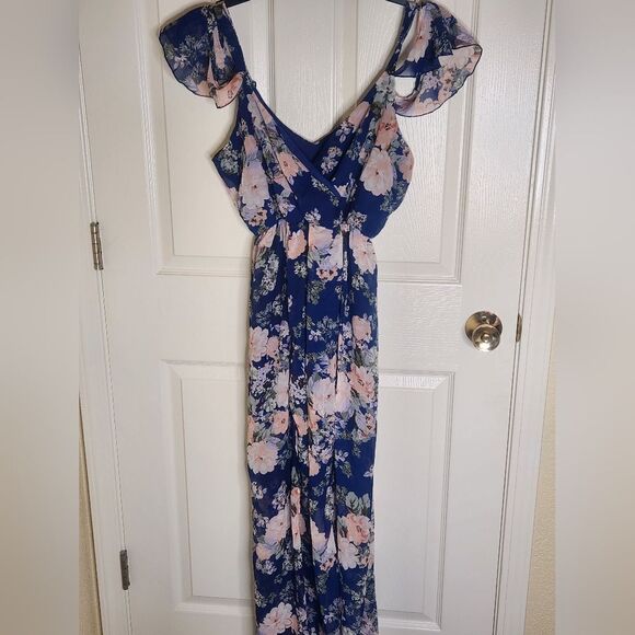 Trixxi M ShiffonMlticlred Floral Print DoubleSlits ColdShoulder Maxi Women Dress - Picture 1 of 9
